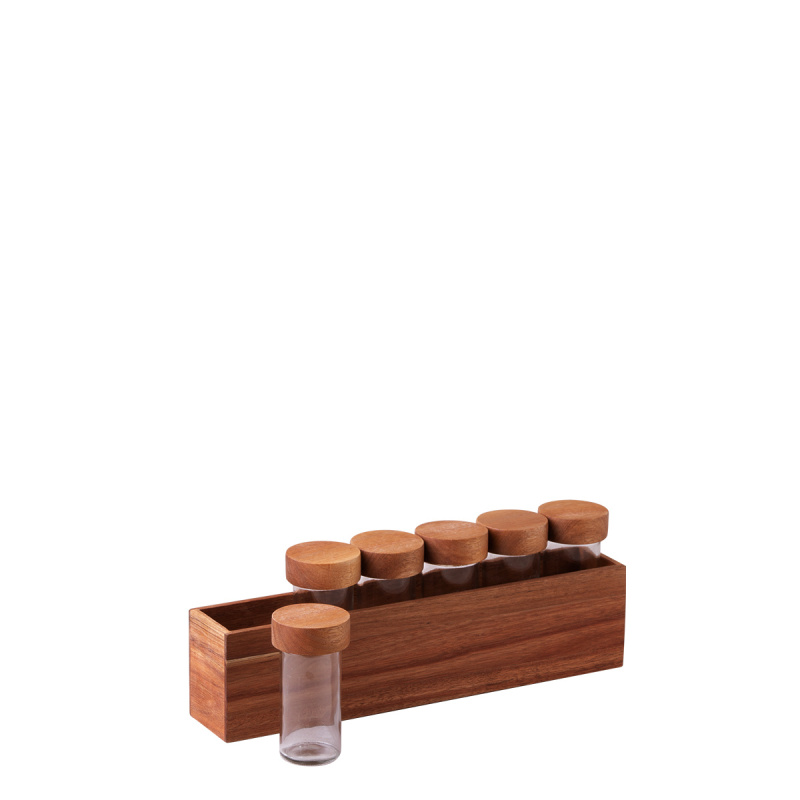 Set 7 recipiente pentru condimente pe suport Salcâm 32,9 x 6 x 11,6 cm - FLOW Wooden