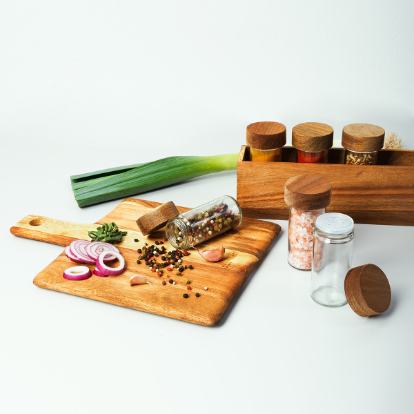 Set 7 recipiente pentru condimente pe suport Salcâm 32,9 x 6 x 11,6 cm - FLOW Wooden
