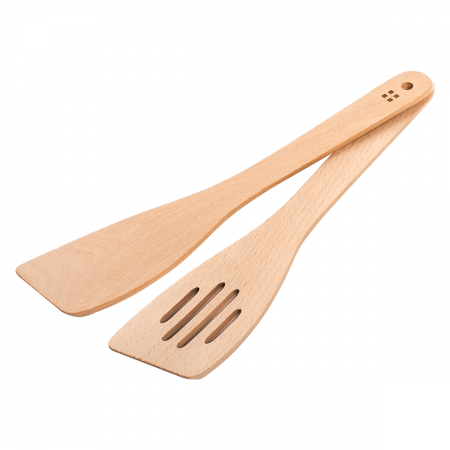 Lingură cu găuri și lingură dreaptă de lemn 29 cm set 2 buc - Basic
