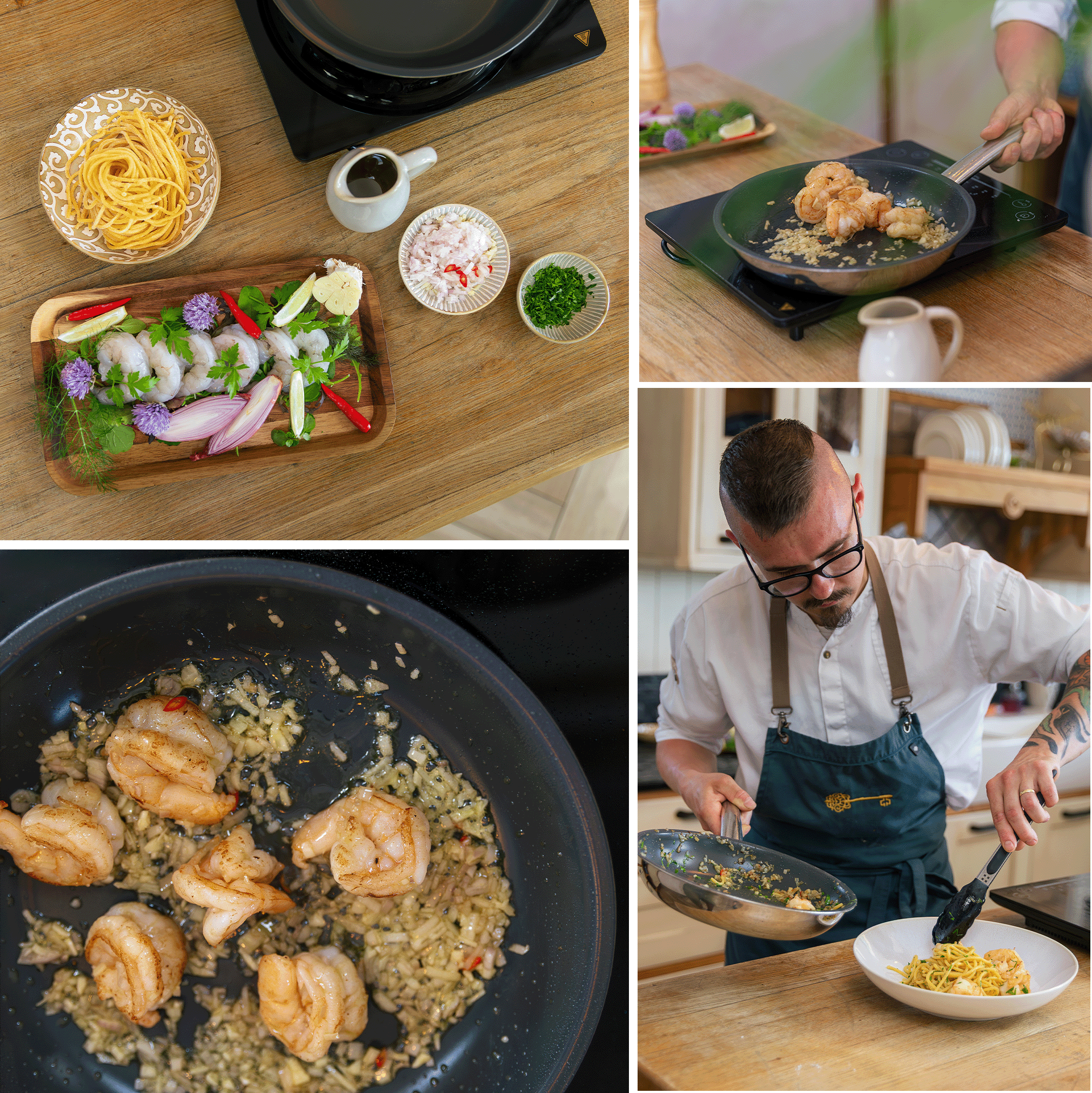 Colaj cu pregătirea spaghetelor cu creveți, cu ingrediente pe masă, creveți în tigaie și bucătarul-șef în timpul servirii 