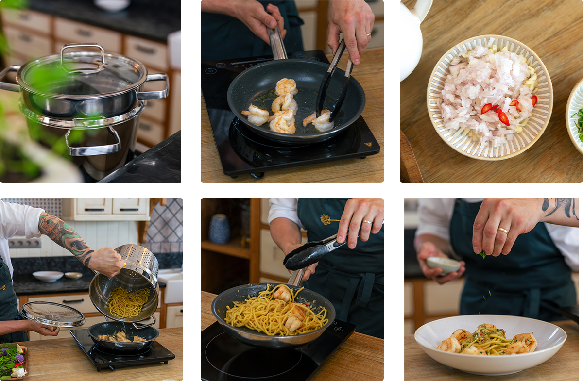 Etapele pregătirii spaghetelor cu creveți, de la fierberea pastelor și prăjirea creveților până la amestecarea lor în tigaie și servirea finală 